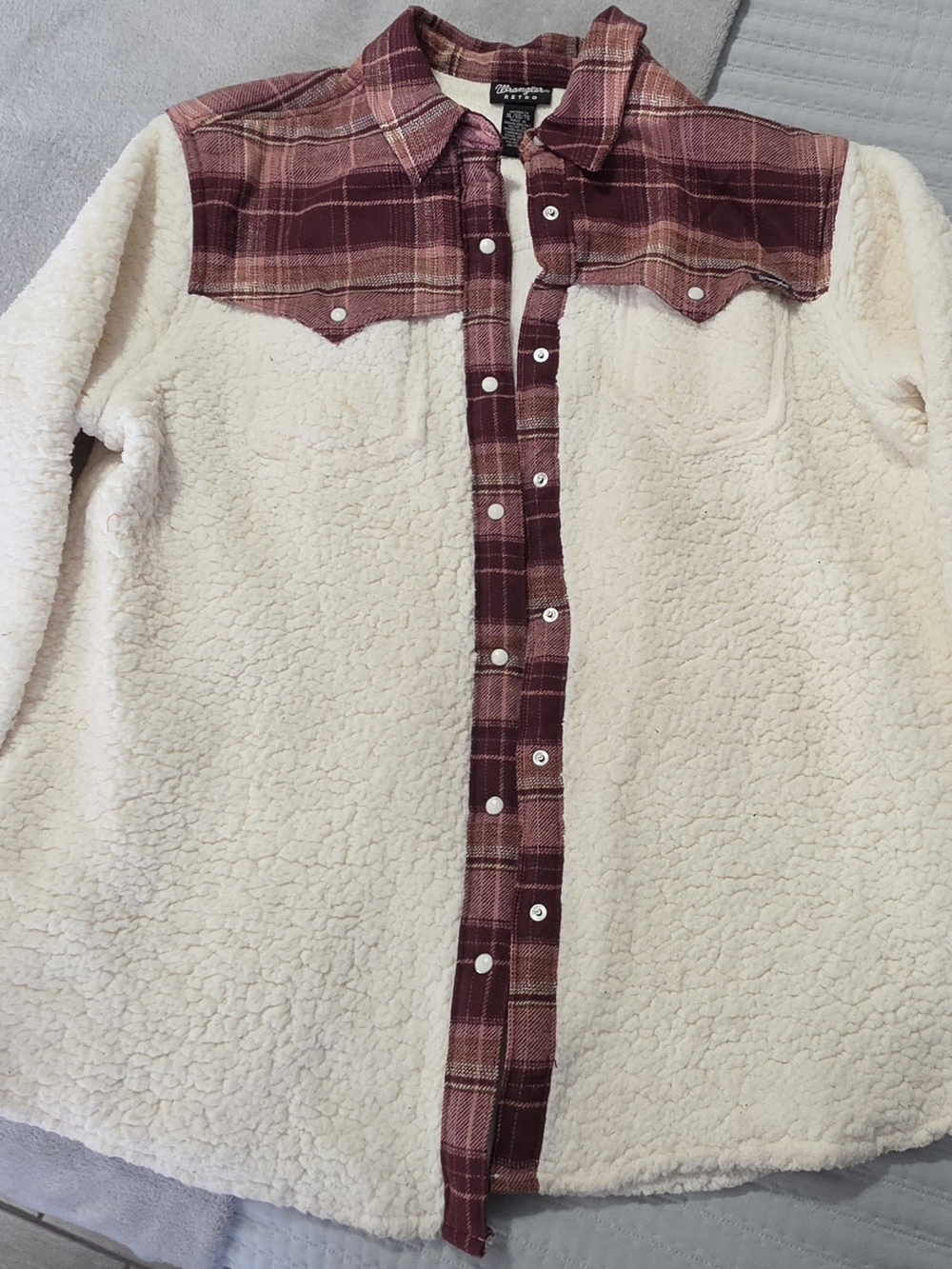 Wrangler Men’s Cream Sherpa Button-Down Shirt with Burgundy Plaid Yoke
